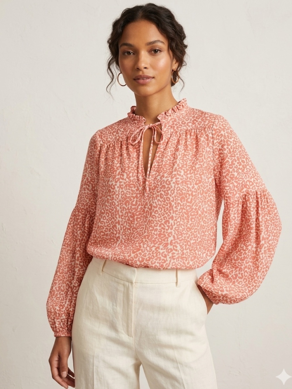 Lemlem Peach Tie-Neck Ruffle Leopard Blouse